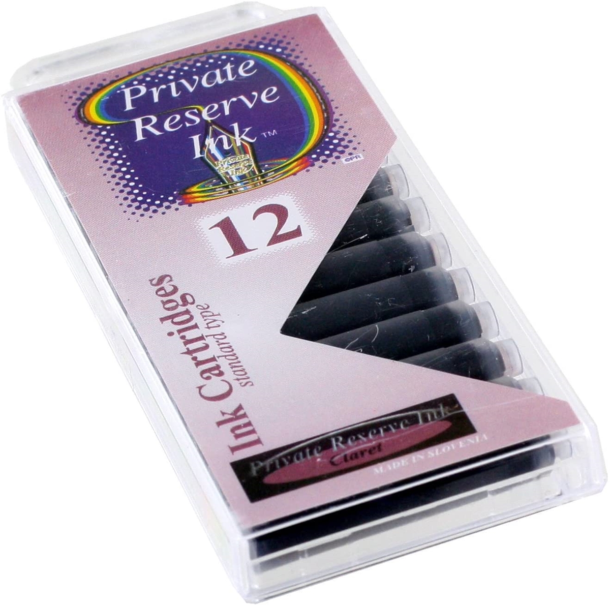 12Pack27-2T.jpg 12 Pack - Private Reserve Ink, Universal Fountain Pen Ink Cartridges Clear Case, Claret - Image 1