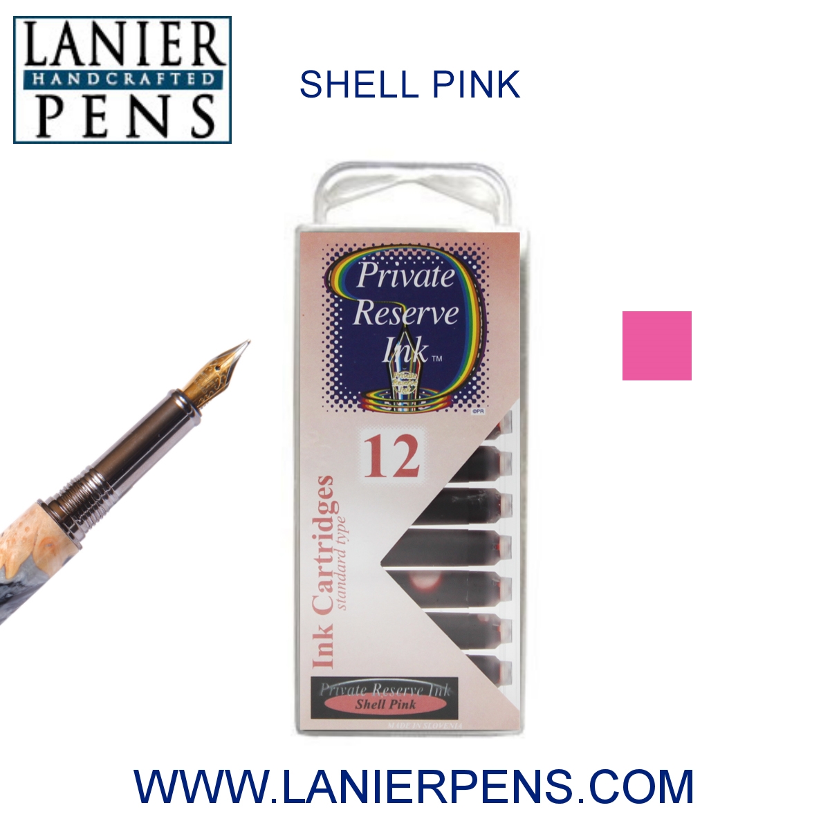 12Pack41-2T.jpg 12 Pack - Private Reserve Ink, Universal Fountain Pen Ink Cartridges Clear Case, Shell Pink - Image 1