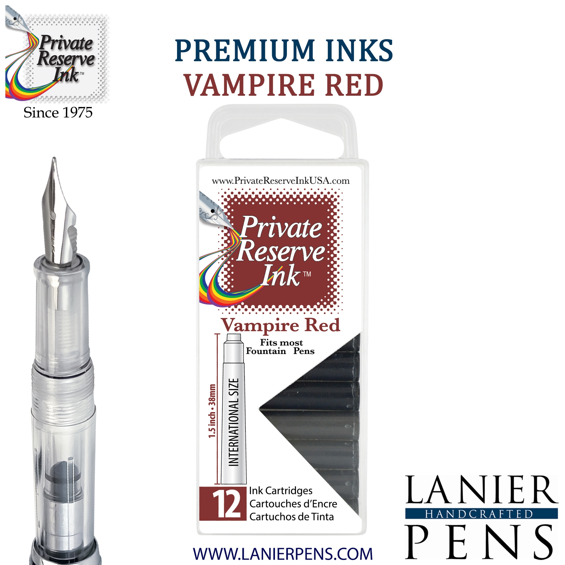 12Pack45-2T.jpg 12 Pack - Private Reserve Ink, Universal Fountain Pen Ink Cartridges Clear Case, Vampire Red - Image 1