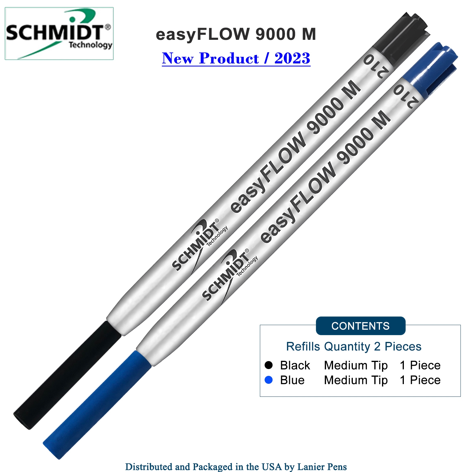 23SCeasyFLOW9000Black1Blue1Med-2T.jpg Imprinted Schmidt easyFLOW9000 Ballpoint Refill- Black & Blue Ink, Medium Tip 1.0mm - Pack of 2 - Image 1