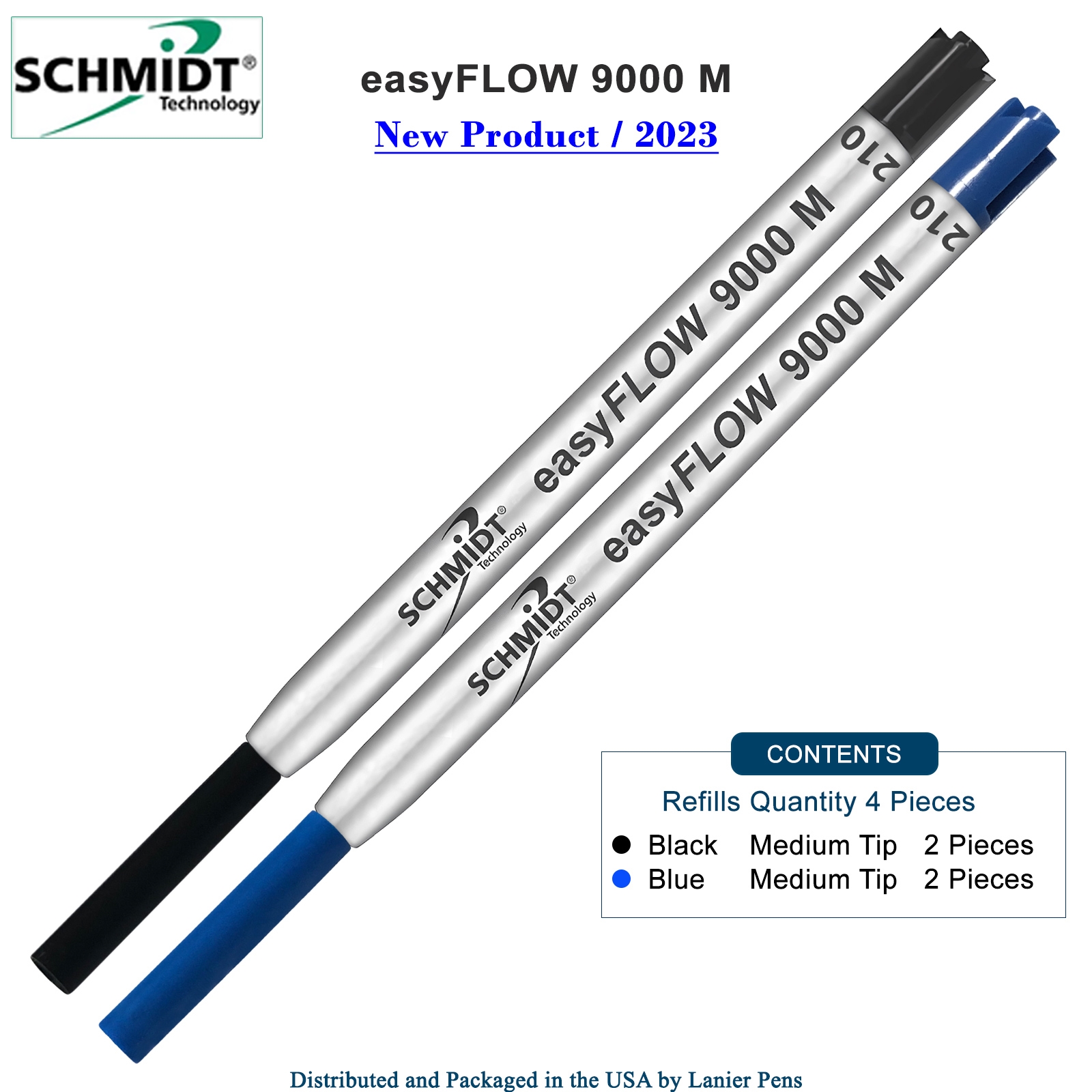 23SCeasyFLOW9000Black2Blue2Med-2T.jpg Imprinted Schmidt easyFLOW9000 Ballpoint Refill- Black & Blue Ink, Medium Tip 1.0mm - Pack of 4 - Image 1