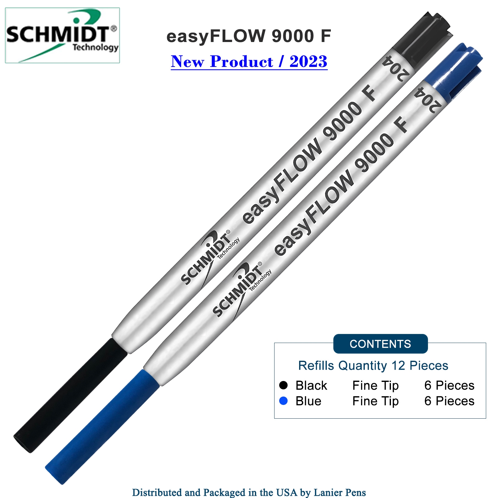 23SCeasyFLOW9000Blk6Blue6Fine-2T.jpg Imprinted Schmidt easyFLOW9000 Ballpoint Refill- Black & Blue Ink, Fine Tip 0.8mm - Pack of 12 - Image 1
