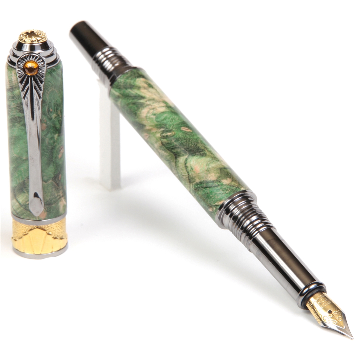 AF6W45-2T.jpg Art Deco Fountain Pen - Green Maple Burl - Image 1