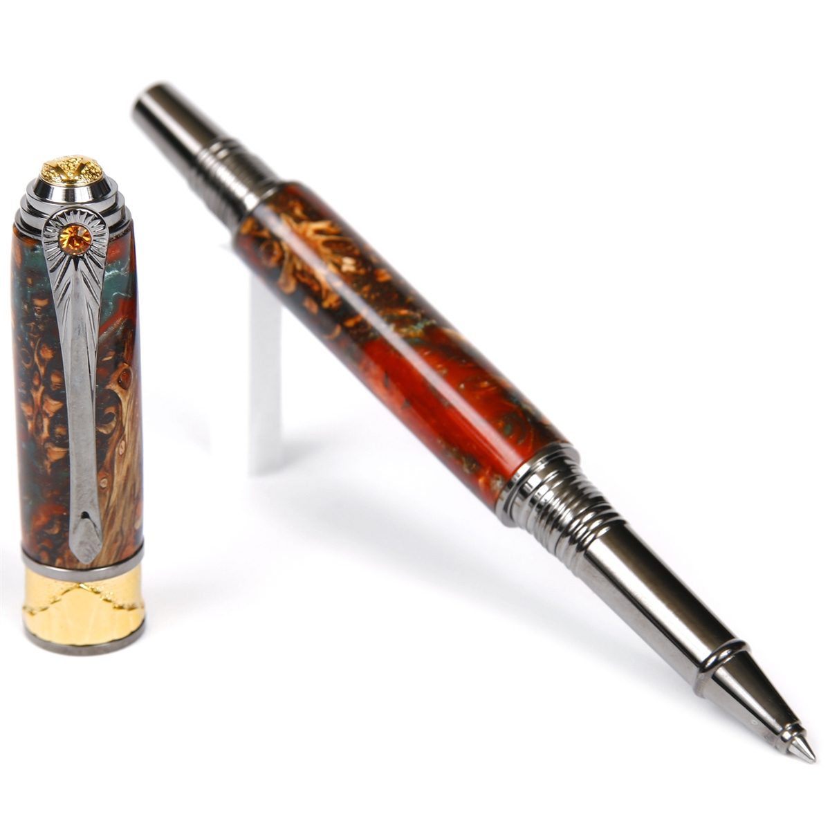 AR6W167-2T.jpg Art Deco Rollerball Pen - Copper and Green Pine Cone - Image 1
