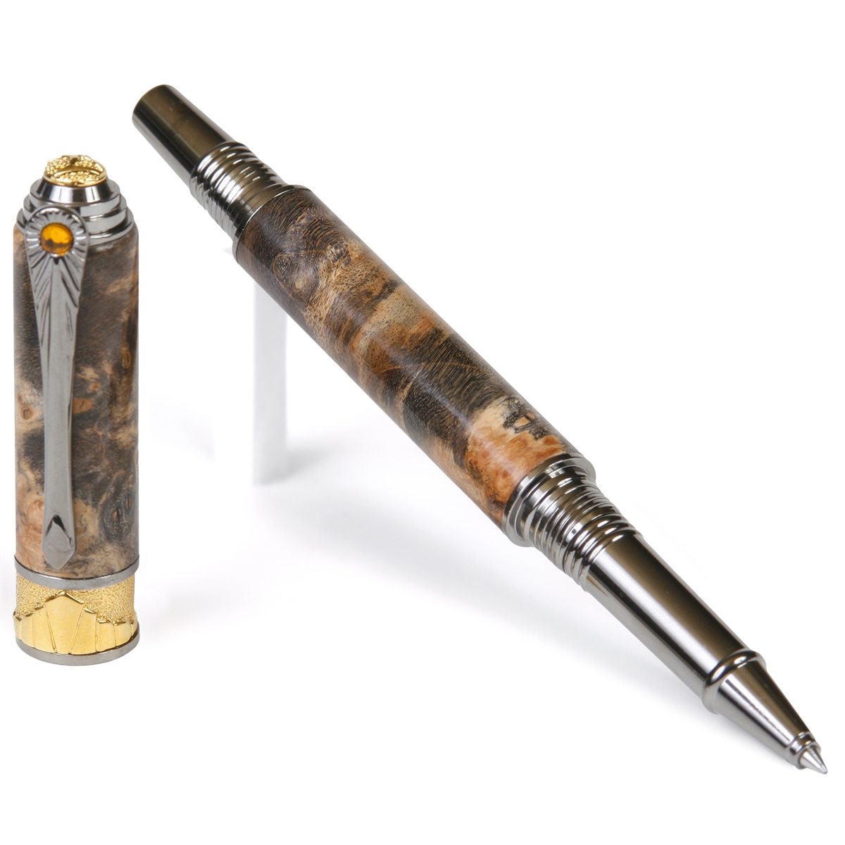 AR6W73-2T.jpg Art Deco Rollerball Pen - Gray and Black Maple Burl - Image 1