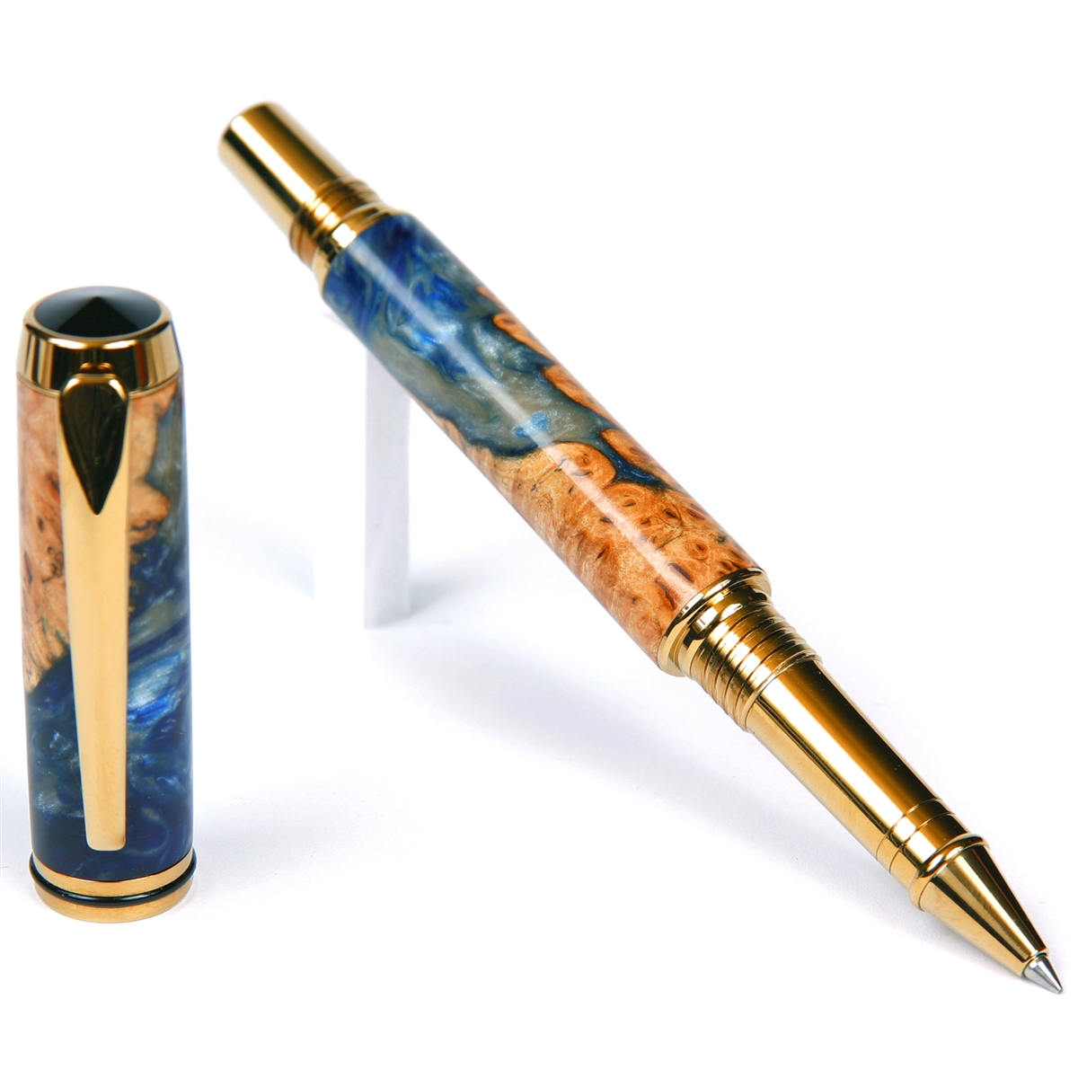 BR4W163-2T.jpg Baron Rollerball Pen - Blue and Silver Burl End Cap - Image 1