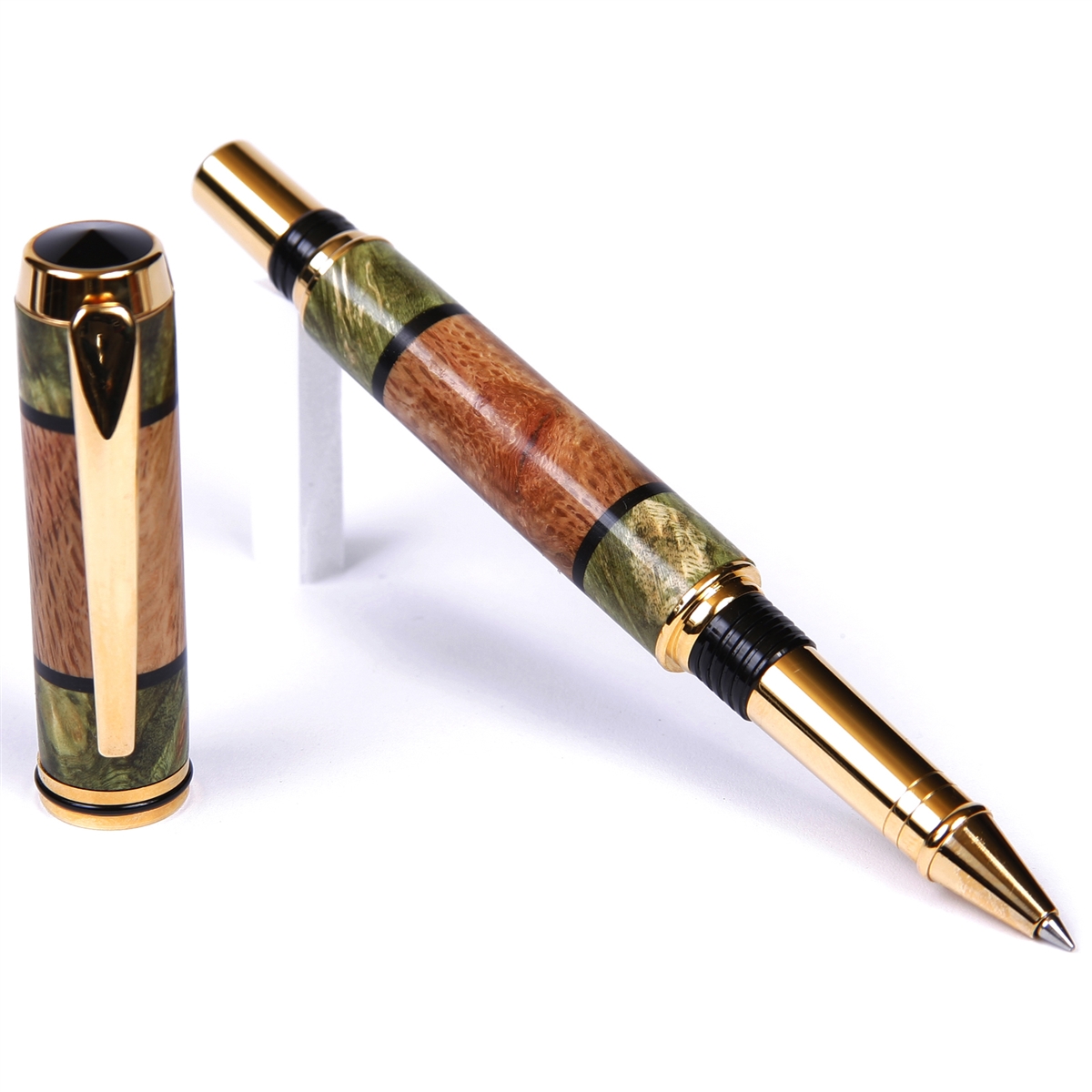 BR4W200-2T.jpg Baron Rollerball Pen - White Oak with Green Inlay - Image 1