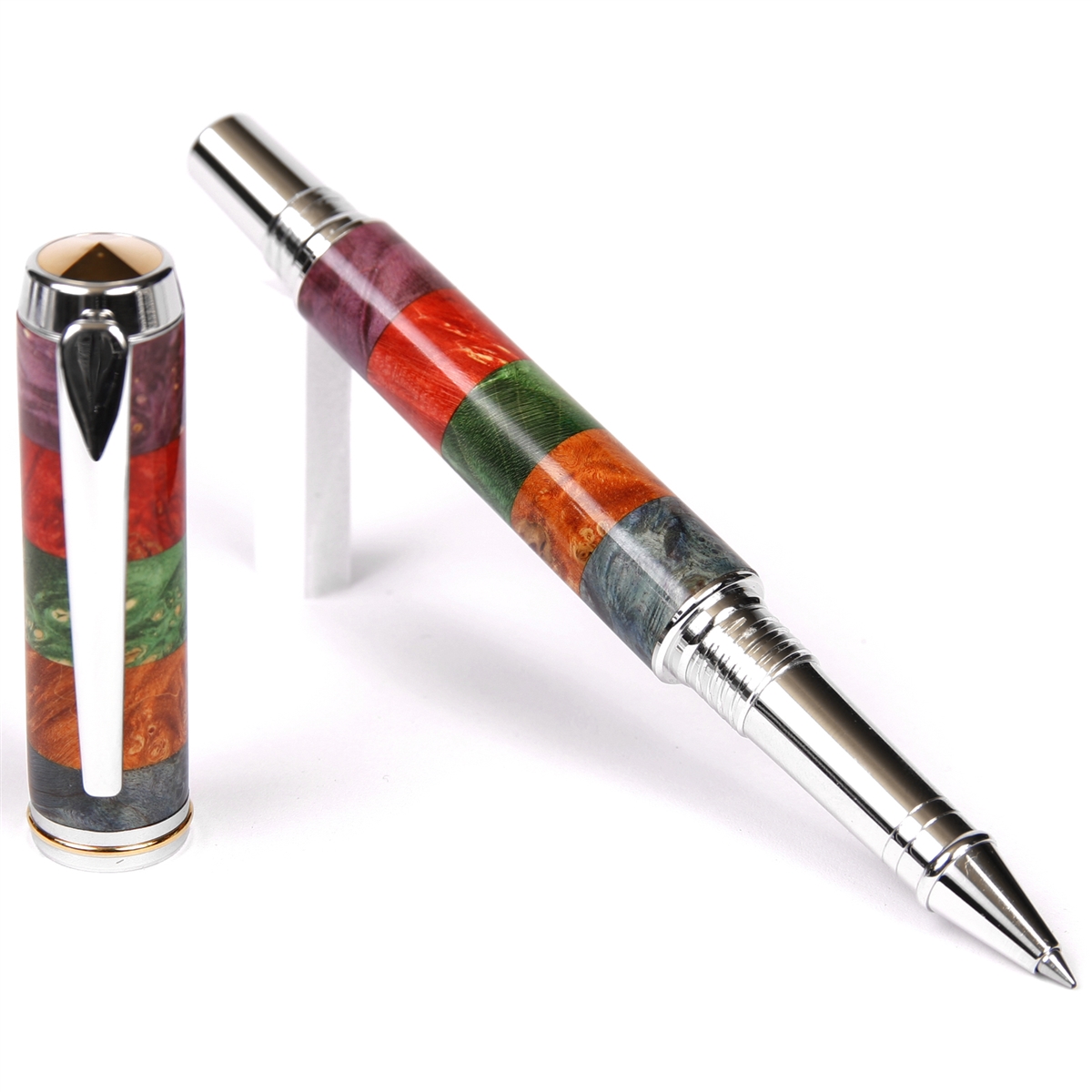 BR5W115-2T.jpg Baron Rollerball Pen - Box Elder Stripes Blue, Yellow, Green, Red & Purple - Image 1